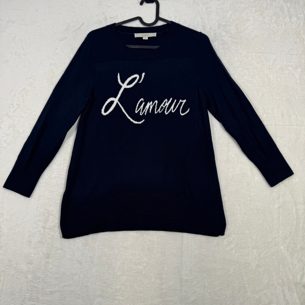 LOFT Sweater Womens Small Navy Blue L'amour Graphic Crew Neck Long Sleeve Knit